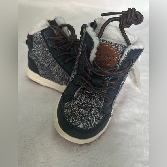 H&M Toddler Kids 2.5-3.5 Navy Blue/Brown Boots white faux fur inside side zipper - Picture 8 of 8